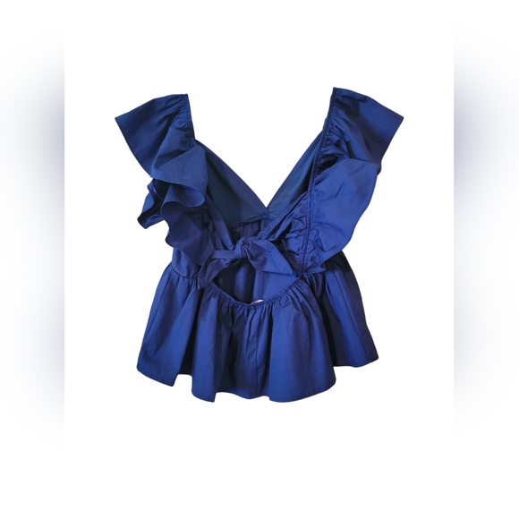 Day + Moon Blue Flutter Sleeve Ruffled Blouse - Picture 3 of 9